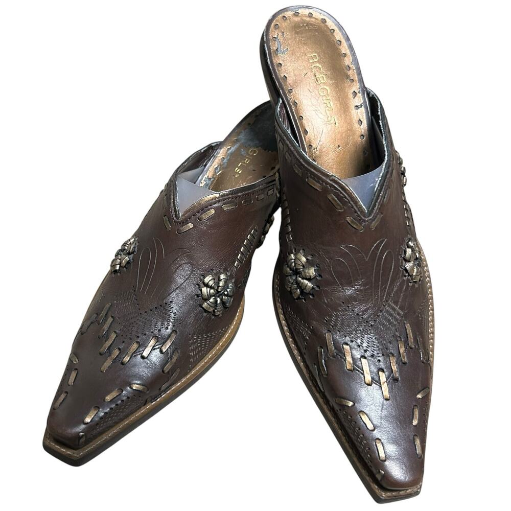 Vintage BCBGirls Brown Leather Western Embellished Mules Size 8.5